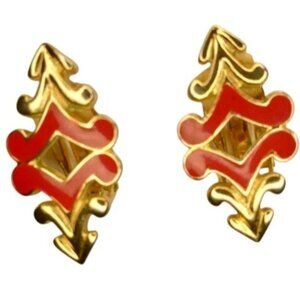 CLASSIC Vintage 1980's Red Vector Clip On Earrings Arrow Hearts Gold Tone Enamel